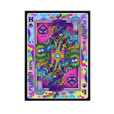 Colorful playing card with intricate designs and symbols on a white background